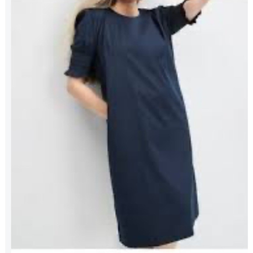 Chicos Navy Blue Smocked Puff Sleeve Shift Dress Womens Size 2 US 12 14 Pockets